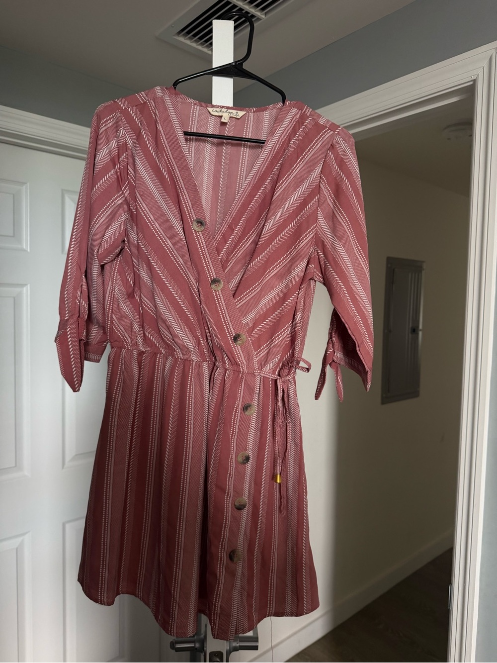 Striped Button-Front Wrap Dress in Dusty Rose